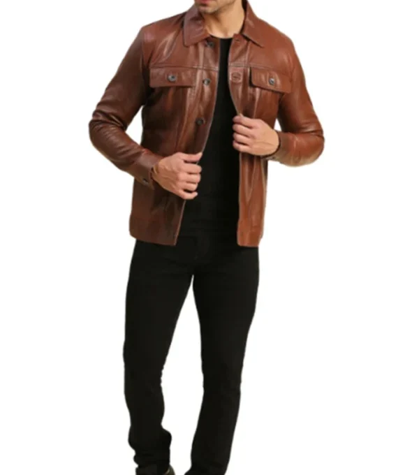 Brown Trucker Leather Jacket for Men on Sale