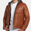 Brown Trucker Leather Jacket with Attached Hoodie