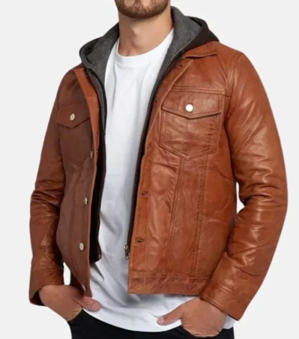 Brown Trucker Leather Jacket with Attached Hoodie
