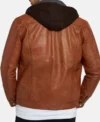 Brown Trucker Leather Jacket with Attached Hoodie Back