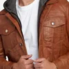 Brown Trucker Leather Jacket with Attached Hoodie Closer