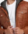 Brown Trucker Leather Jacket with Attached Hoodie Closer