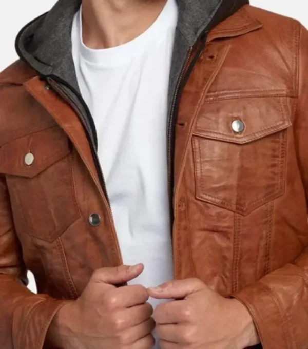 Brown Trucker Leather Jacket with Attached Hoodie Closer