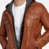 Brown Trucker Leather Jacket with Attached Hoodie Front