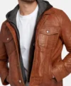 Brown Trucker Leather Jacket with Attached Hoodie Front