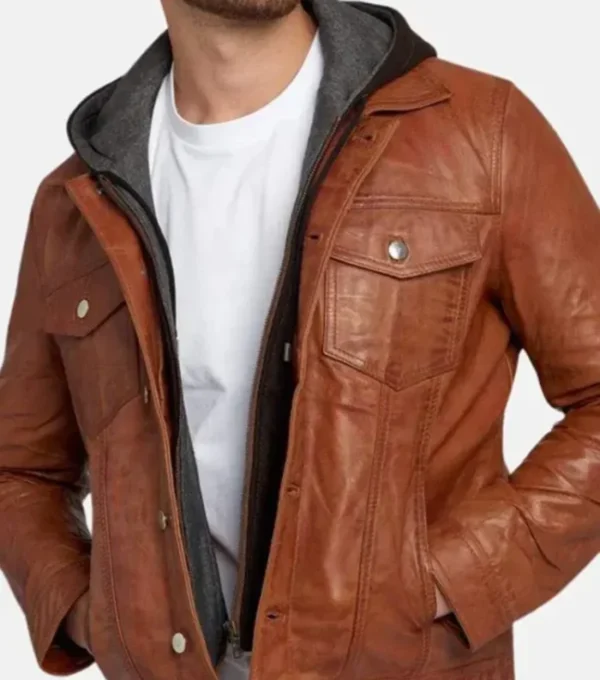 Brown Trucker Leather Jacket with Attached Hoodie Front