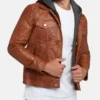 Brown Trucker Leather Jacket with Attached Hoodie Side Look
