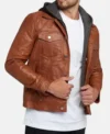 Brown Trucker Leather Jacket with Attached Hoodie Side Look