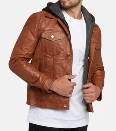 Brown Trucker Leather Jacket with Attached Hoodie Side Look