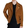 Brown Zipper Jacket in Suede Leather Front