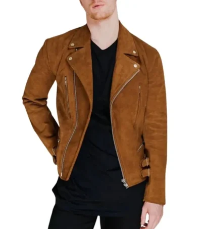 Brown Zipper Jacket in Suede Leather Front