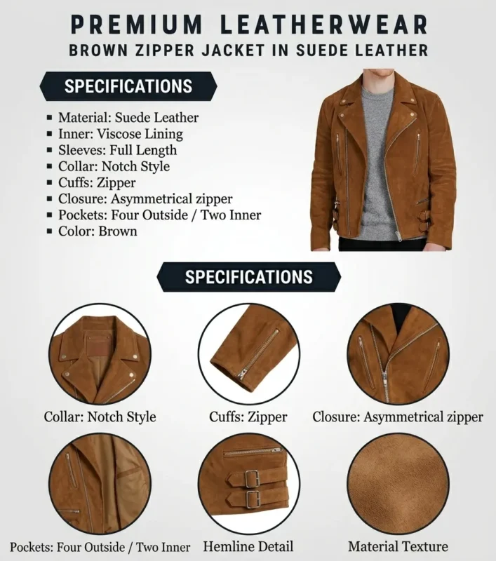 Brown Zipper Jacket in Suede Leather info graphic
