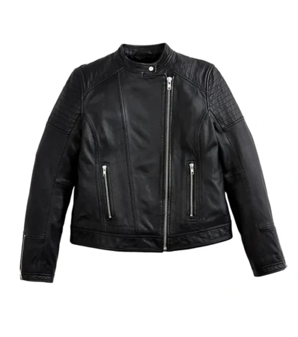 Buy Asymmetrical Zipper Black Leather Jacket For Women Front