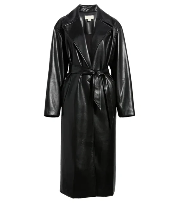Buy Black Belted Leather Long Coat For Women Front