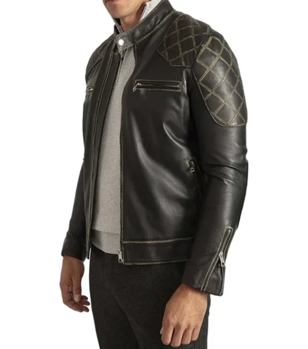 Buy Black Quilted Shoulder Leather Men Jacket Side