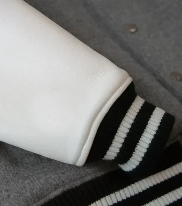 Buy Grey Wool Varsity Jacket with White Sleeves Back Look