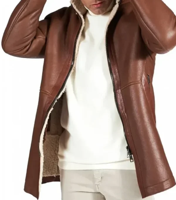 Buy Men Brown Leather Coat with Hood