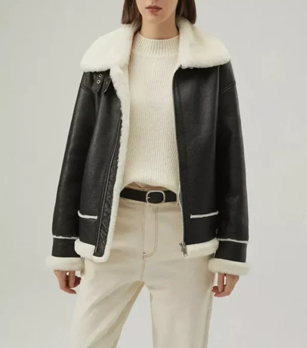 Classic B3 Jacket in Black Leather with White Shearling
