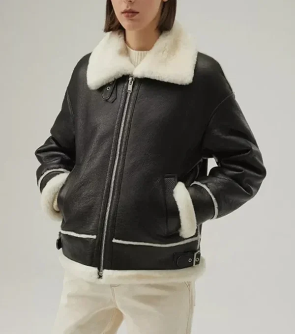 Classic B3 Jacket in Black Leather with White Shearling Front