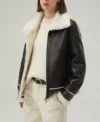 Classic B3 Jacket in Black Leather with White Shearling Side Look