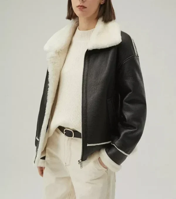 Classic B3 Jacket in Black Leather with White Shearling Side Look