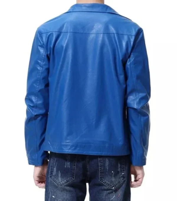 Classic Biker Style Blue Leather Jacket Back