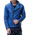 Classic Biker Style Blue Leather Jacket Front