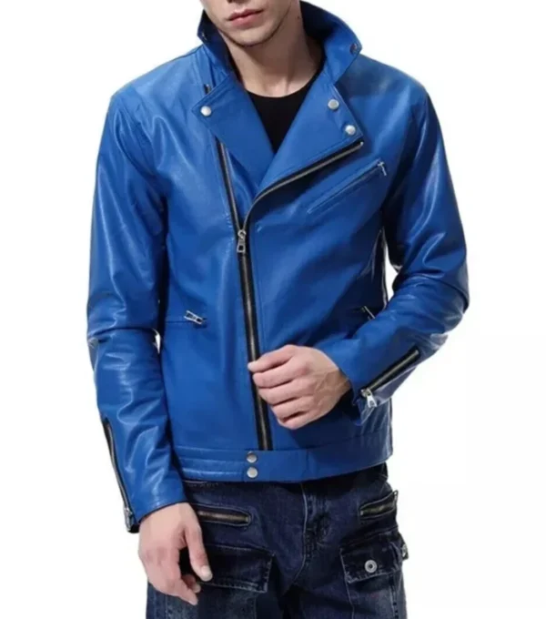 Classic Biker Style Blue Leather Jacket Front