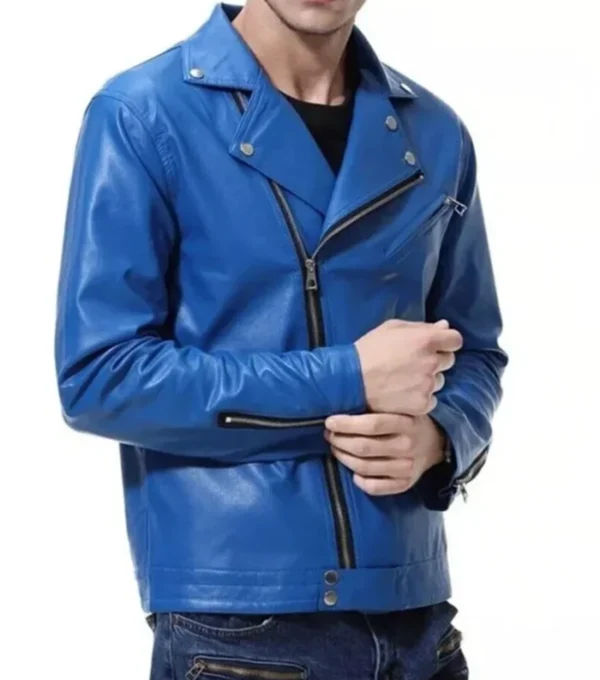 Classic Biker Style Blue Leather Jacket on Sale