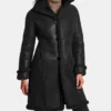 Classic Black Leather Trench Coat with Inner Fur Front