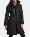 Classic Black Leather Trench Coat with Inner Fur Front