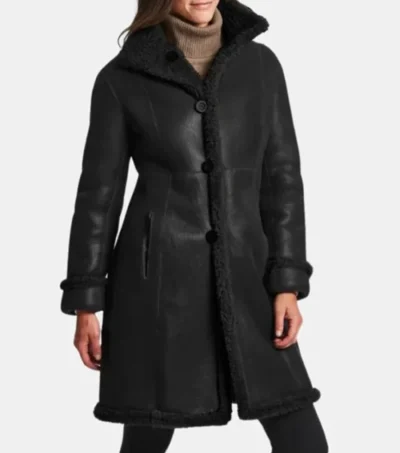 Classic Black Leather Trench Coat with Inner Fur Front