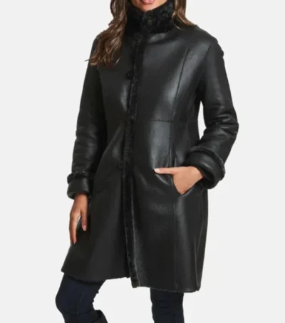 Classic Black Leather Trench Coat with Inner Fur Side Look