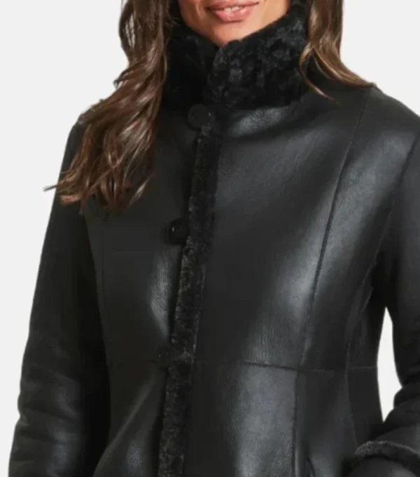 Classic Black Leather Trench Coat with Inner Fur on Sale
