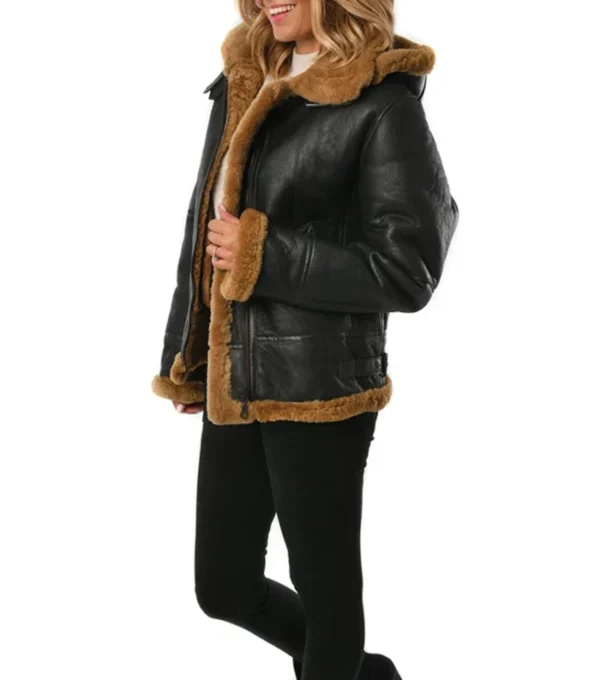 Classic Black Real Leather Jacket with Hood Side Look