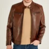 Classic Brown Cafe Racer Leather Jacket Front