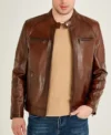 Classic Brown Cafe Racer Leather Jacket Front