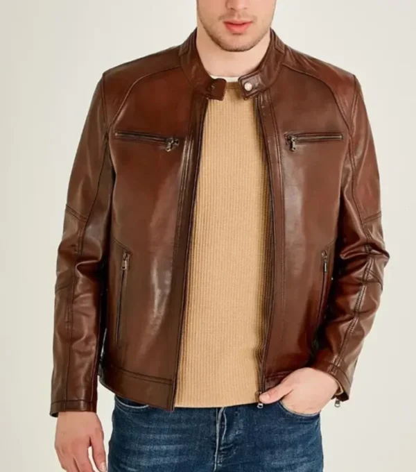 Classic Brown Cafe Racer Leather Jacket Front