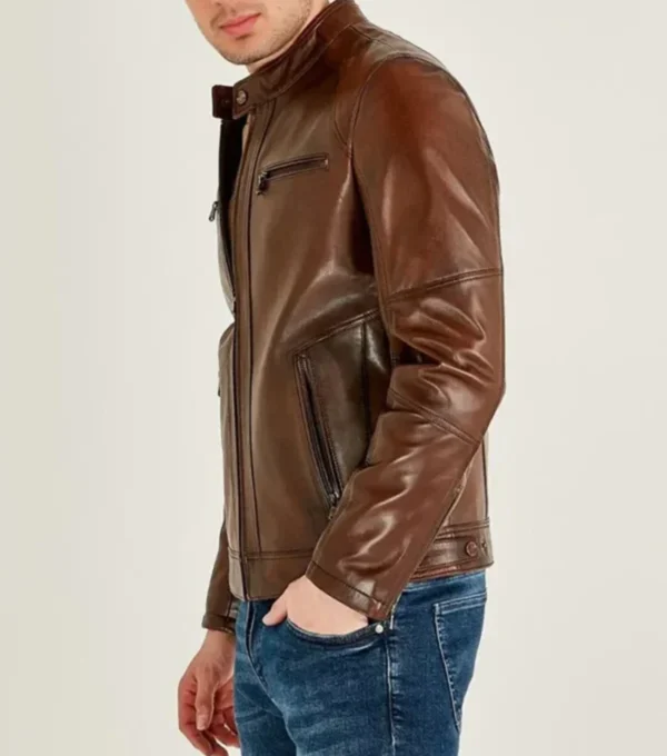 Classic Brown Cafe Racer Leather Jacket Side Look
