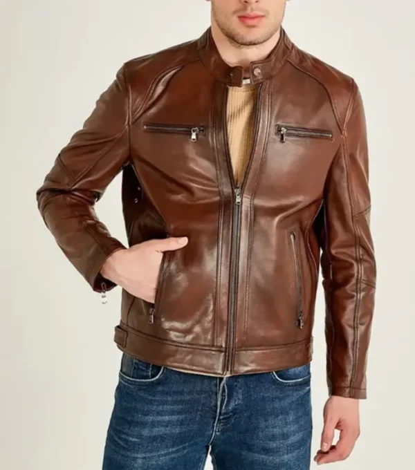 Classic Brown Cafe Racer Leather Jacket on Sale