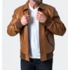 Classic Brown Leather Bomber Jacket For Men Front