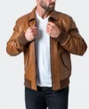 Classic Brown Leather Bomber Jacket For Men Front