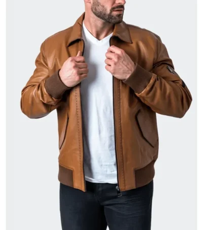 Classic Brown Leather Bomber Jacket For Men Front