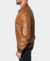 Classic Brown Leather Bomber Jacket For Men Front