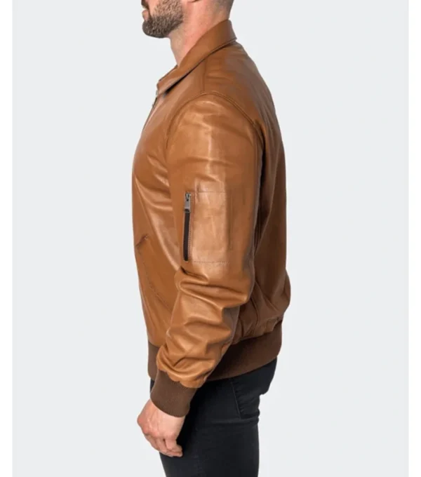 Classic Brown Leather Bomber Jacket For Men Front