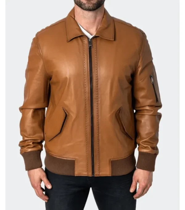 Classic Brown Leather Bomber Jacket For Men Sale
