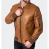 Classic Brown Leather Bomber Jacket For Men Side Look