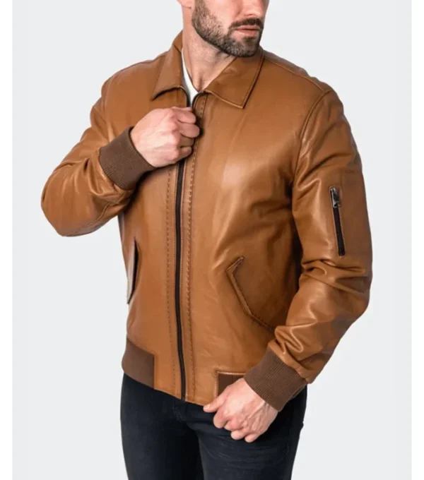 Classic Brown Leather Bomber Jacket For Men Side Look