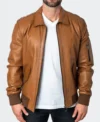 Classic Brown Leather Bomber Jacket For Men on Sale