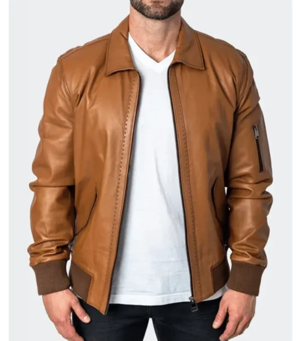 Classic Brown Leather Bomber Jacket For Men on Sale